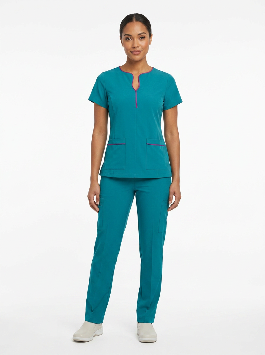 Uniforme Quirúrgico Escote Gota con Bies en color Turquesa con Fiusha